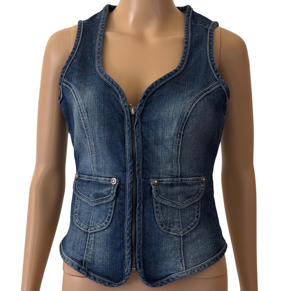 Vtg Harley-Davidson Y2K Women's Denim Vest Blue Sequin Lace Up Back XS Zip Up